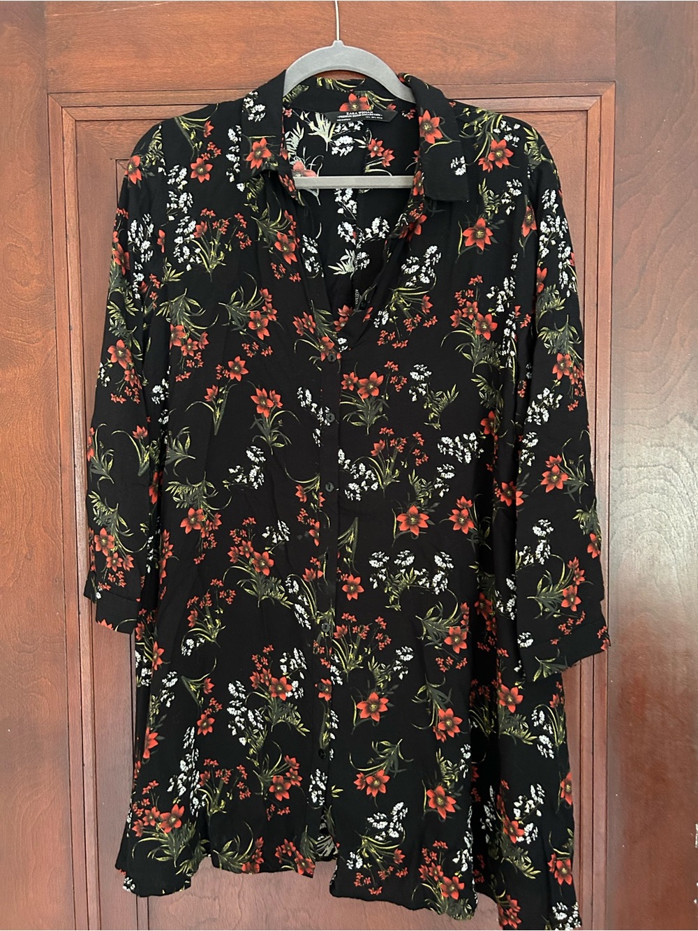 Zara Black 3/4 Sleeve Floral Button-Front Dress - Red & Green Print